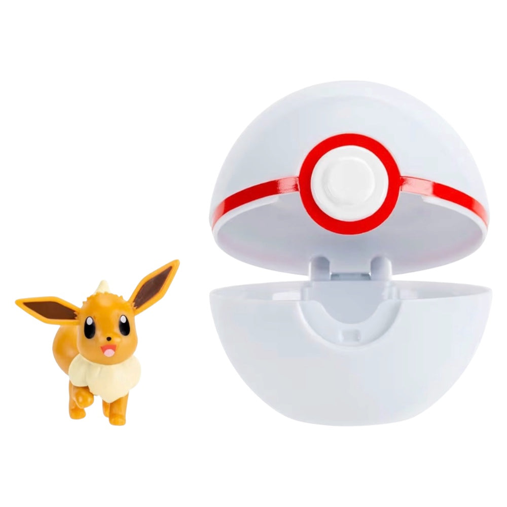 A small Eevee figurine standing beside an open white and red ball-shaped Pokéball-style container on a plain white background.