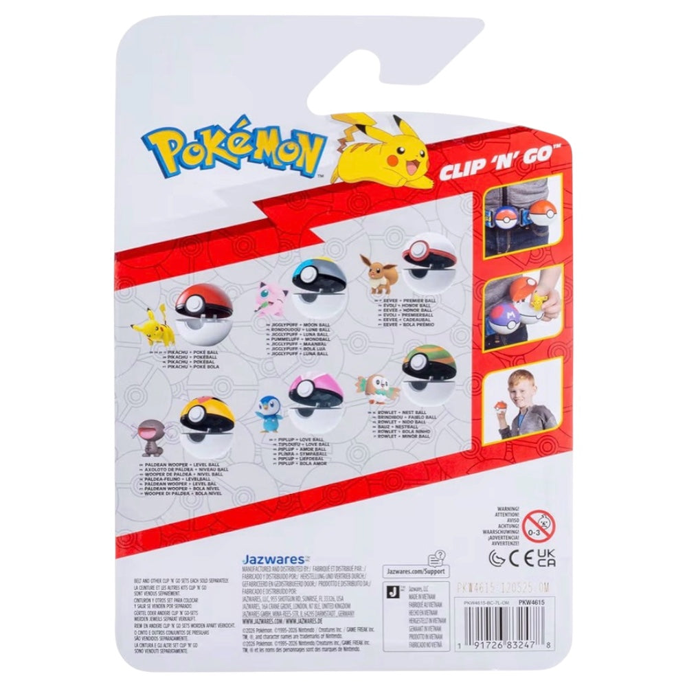 Pokémon Clip 'N Go toy blister packaging showing character graphics and product details on the back, with Jazwares branding and a barcode.