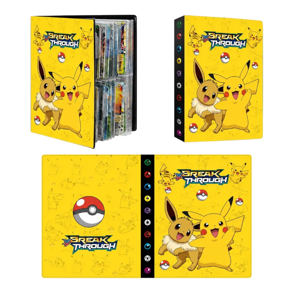 Pokémon Break Through binder cover set featuring Pikachu and Eevee illustrations on a bright yellow background, shown from multiple angles including the open binder with cards visible and the front and back covers.