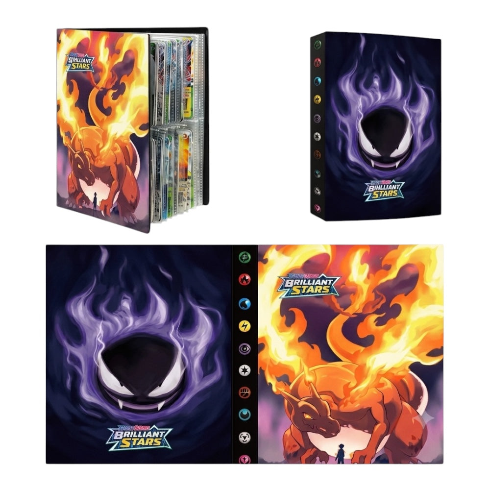Brilliant Stars trading card binder set shown in multiple views: a binder with cards visible on the left, a closed dark blue binder with a purple flame emblem on the right, and a front cover view showing the orange flame character artwork on the bottom left.