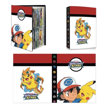 Pokémon Brilliant Stars binder set shown from multiple angles, featuring a red and white cover with Pikachu and Ash Ketchum illustrations, displayed on a plain white background.