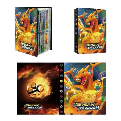 A Pokémon Break Through binder set shown from multiple angles on a plain white background. The set includes a binder with a Charizard cover, a second binder with a different cover, and a third view showing the front and back of the binder with a Pokémon ball graphic.