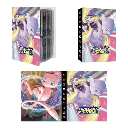 Brilliant Stars trading card deck box shown from multiple angles on a white background, featuring Pokémon characters Mew and Mewtwo with colorful illustrated artwork and a visible deck of cards inside.