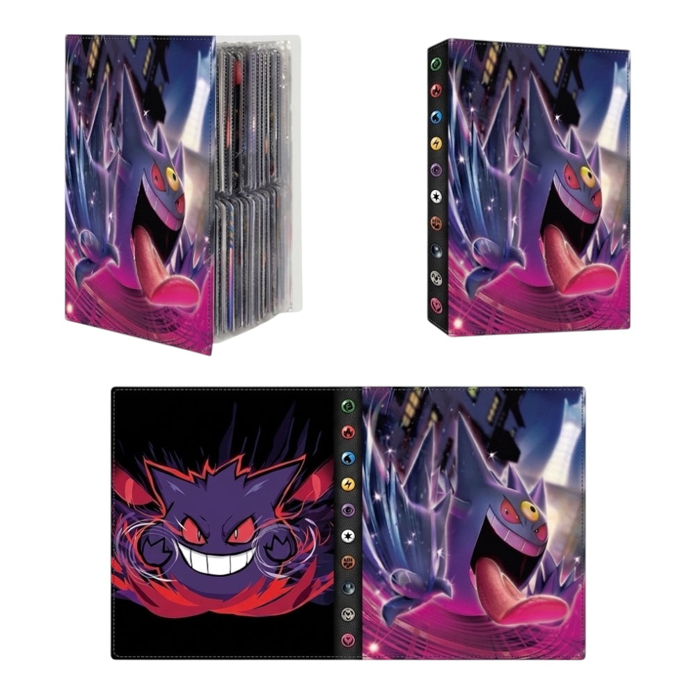 A Pokémon Gengar themed binder or notebook set shown from multiple angles on a plain white background. The product features colorful illustrated covers with Gengar artwork, a clear plastic sleeve holding multiple binder rings, and a black spine with colored ring tabs.