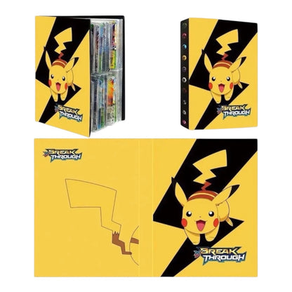 Pokémon Break Through binder set featuring a yellow and black Pikachu design, shown with the binder, contents inside, and the cover design laid out on a white background.