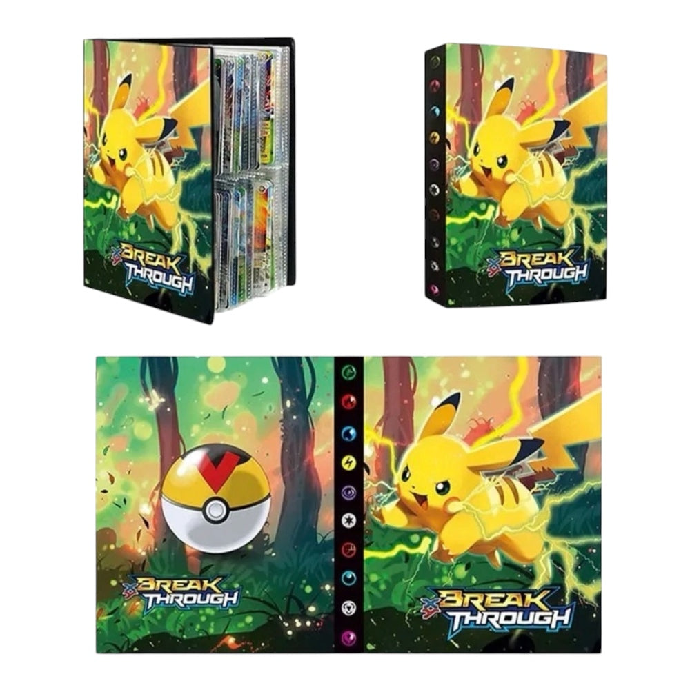 Pokémon Break Through binder set featuring Pikachu artwork, shown in multiple views including the binder with sleeves inside and the front cover design.