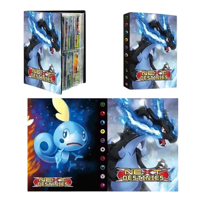 Pokémon Next Destinies trading card binder shown in multiple views on a white background, including the closed binder with cards visible inside and front cover art featuring Charizard and a blue dragon.
