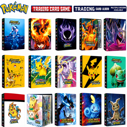 A collage showing multiple Pokémon Trading Card Game and Pokémon Trading Card Album box designs arranged in a grid on a white background, with the Pokémon logo and text banners at the top.