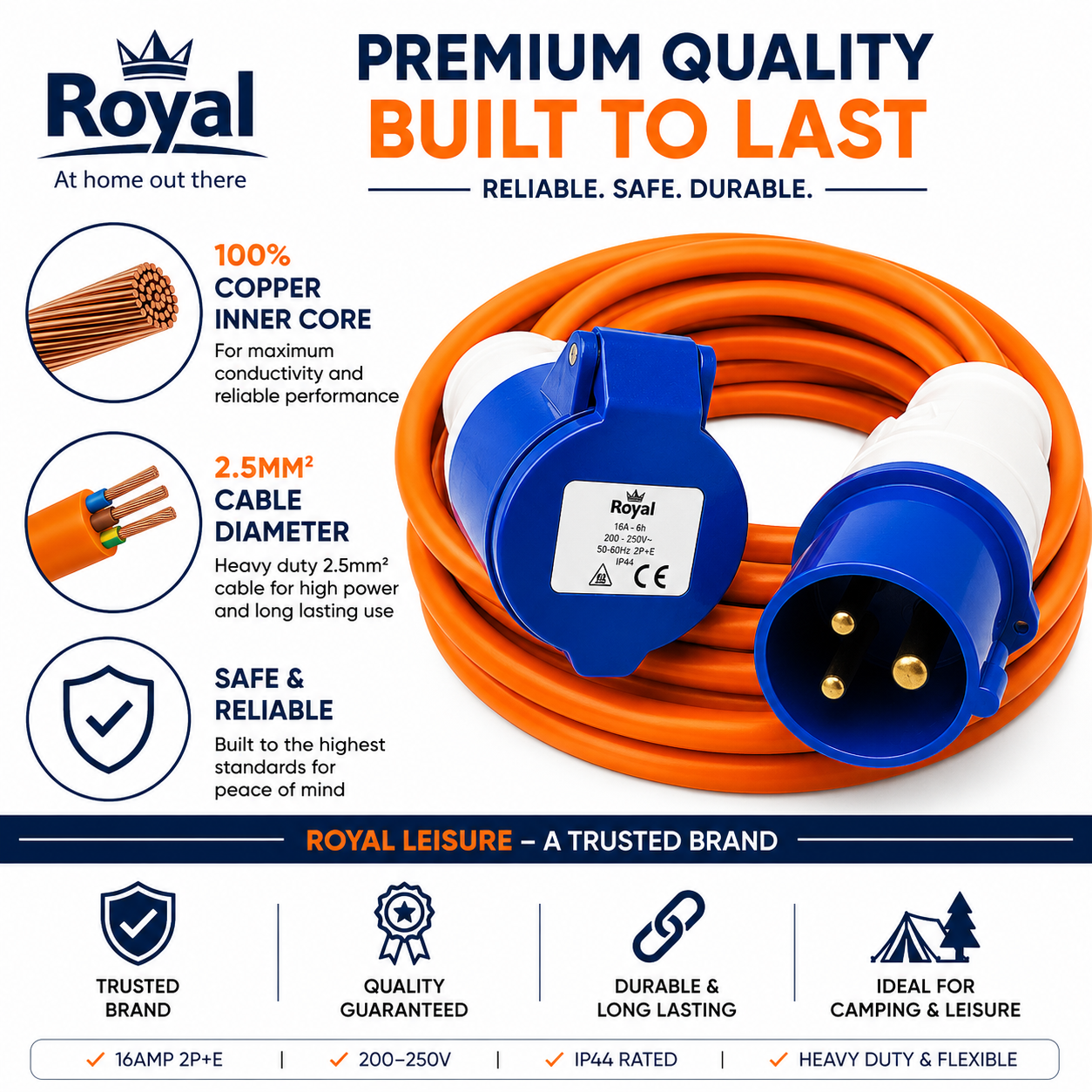 Royal Leisure 2.5mm 100% Copper 10m Mains Lead