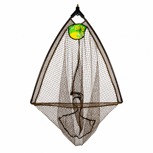 A brown mesh fishing net with a black plastic top loop and a green and yellow brand patch near the top, shown against a plain white background.
