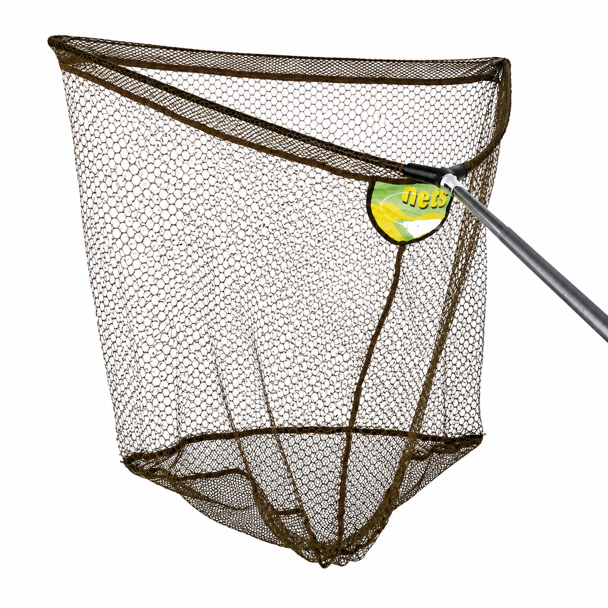 A brown mesh landing net with a dark brown frame and a silver metal pole, featuring a yellow and green logo badge on the rim.