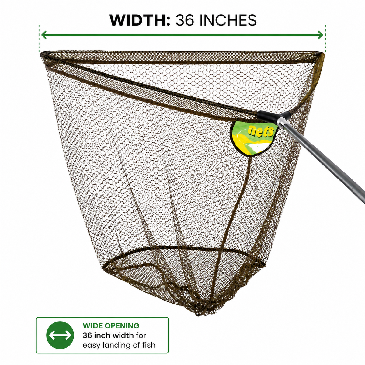 A fishing net with a wide opening and a metal handle, shown on a white background with text indicating a 36-inch width and wide opening for easy landing of fish.