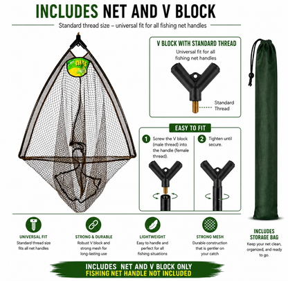 An infographic detailing a fishing net and V block set, showing the net, a separate V block, a storage bag, and step-by-step instructions on how to attach the V block to a standard thread fishing net handle.