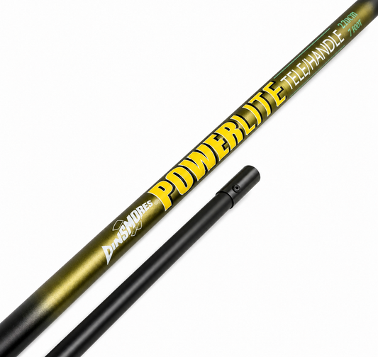 A close-up of a Powerlite telehandler handle, showing the olive green and black main shaft with bold yellow branding, alongside a separate black end section on a white background.