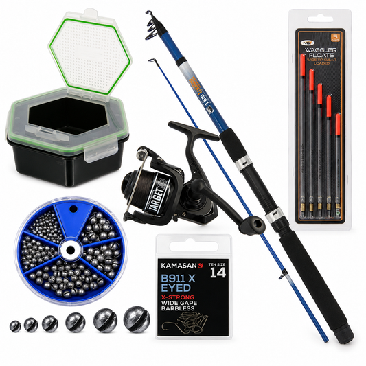 A fishing gear kit on a white background, including a blue and black spinning rod with a black spinning reel, a pack of four waggler floats, a hexagonal tackle box, a spool of blue bait beads, fishing line, and Kamasan soft bait beads.