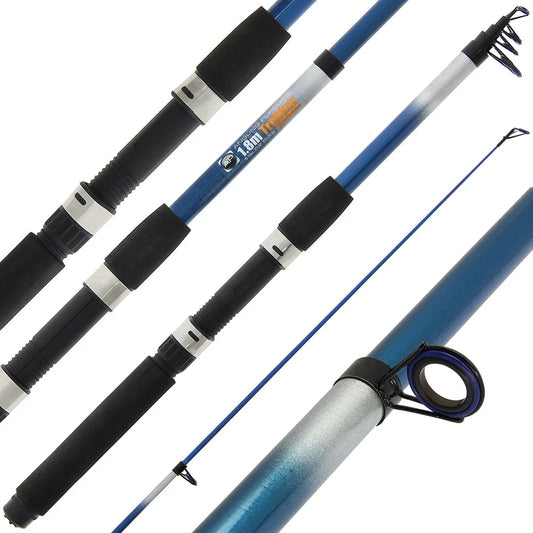 A close-up of a folding fishing rod shown in multiple segments on a white background, with blue and silver sections, black grip handles, and a line guide.