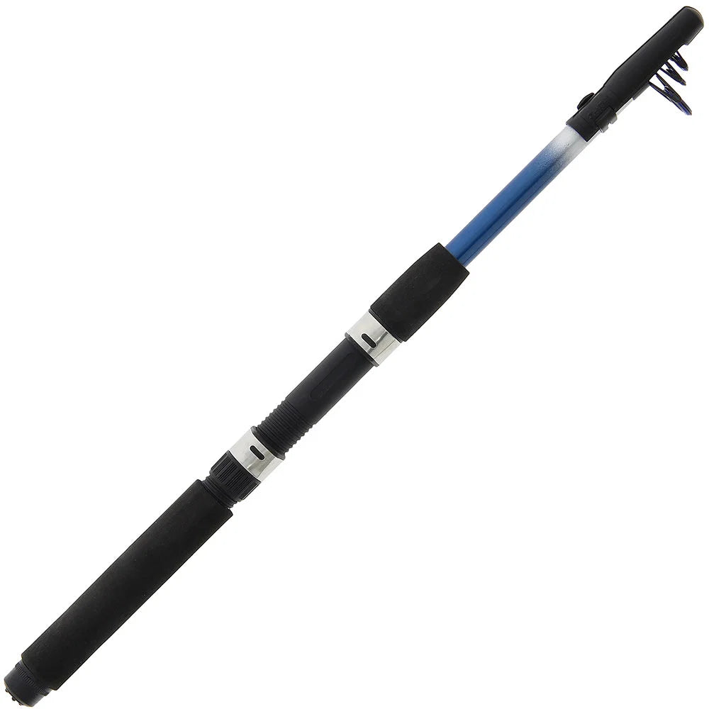 A folding fishing rod with a black foam-wrapped handle, a blue shaft, and a black tip with a hook, shown against a plain white background.
