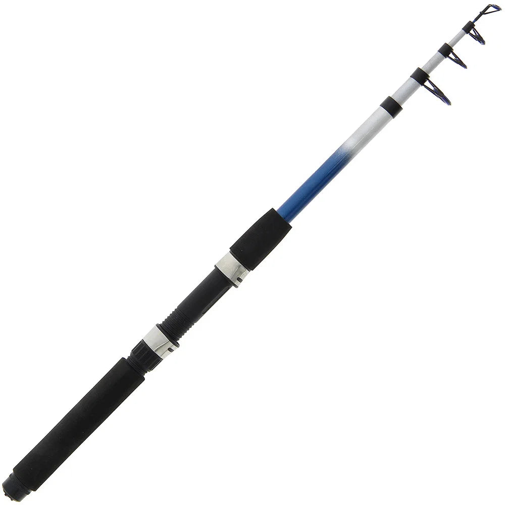 A folding fishing rod with a black foam-wrapped handle, black line guides, and a white-to-blue gradient shaft, shown diagonally on a plain white background.