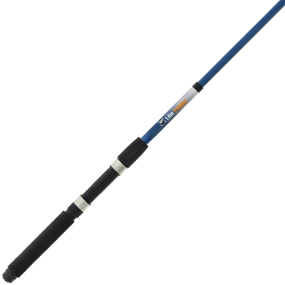 A blue and black fishing rod with white and orange accents, shown diagonally on a plain white background.