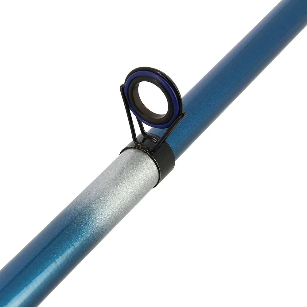 Close-up of a blue and silver fishing rod section with a black and blue line guide on a white background.