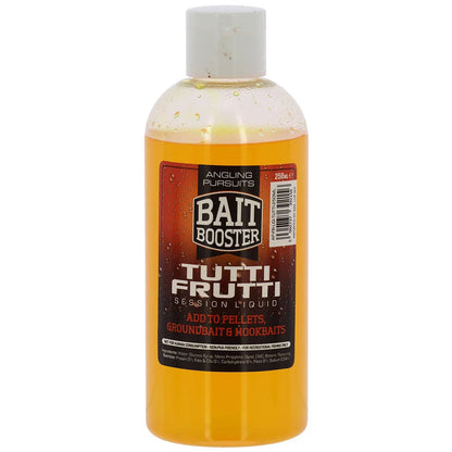 A 300ml bottle of Bait Booster Tutti Frutti Session Liquid fishing additive, featuring a white cap and a label with orange, red, and black graphics, set against a plain white background.