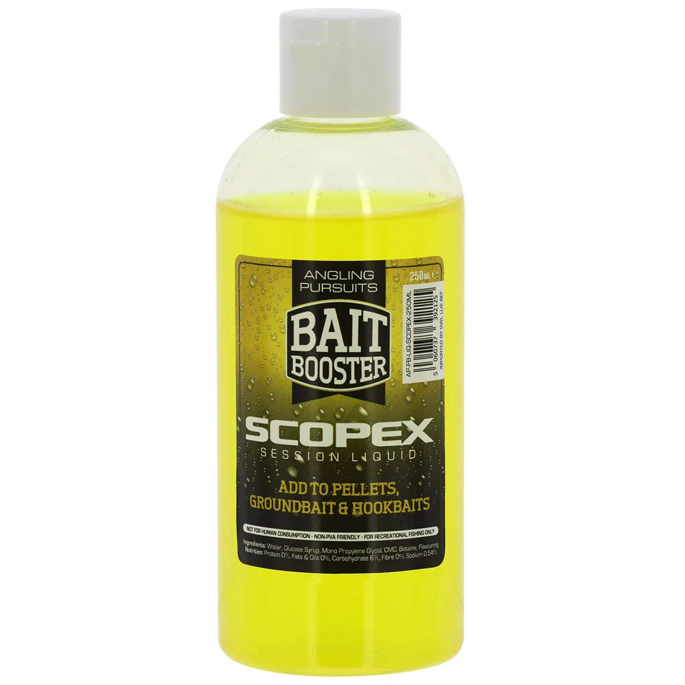 A bottle of Bait Booster Scopex Session Liquid fishing additive, featuring a translucent yellow liquid inside a clear plastic bottle with a white cap and a black and gold label.