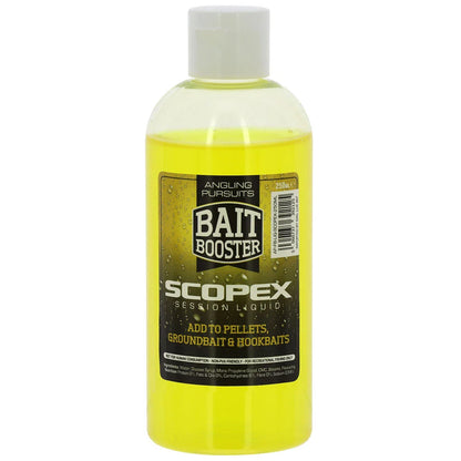 A bottle of Bait Booster Scopex Session Liquid fishing additive, featuring a translucent yellow liquid inside a clear plastic bottle with a white cap and a black and gold label.