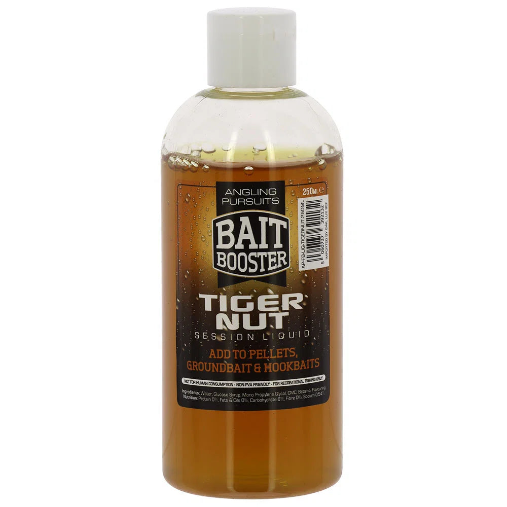 A bottle of Bait Booster Tiger Nut Session Liquid fishing additive, 250ml, featuring a clear bottle showing the amber liquid inside, a white cap, and a black and brown label.