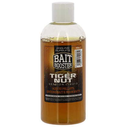 A bottle of Bait Booster Tiger Nut Session Liquid fishing additive, 250ml, featuring a clear bottle showing the amber liquid inside, a white cap, and a black and brown label.