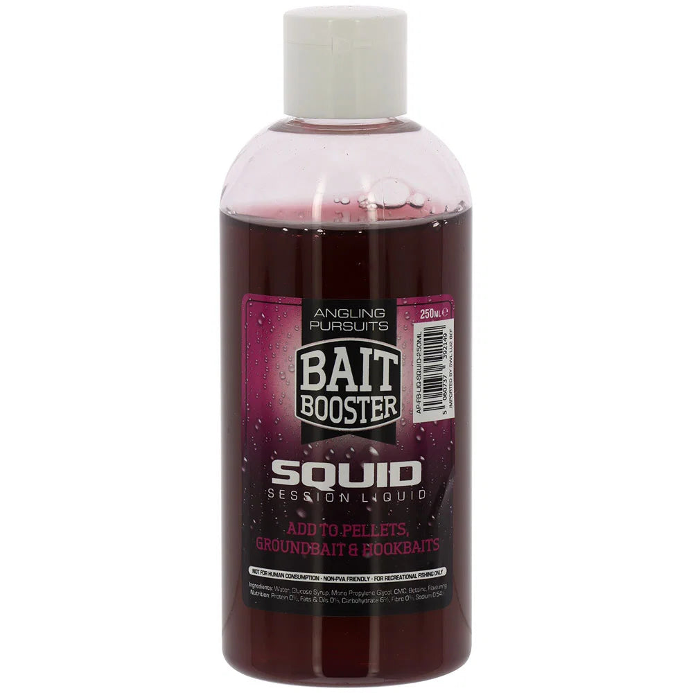 A 250ml bottle of Bait Booster Squid Session Liquid fishing additive, featuring a translucent dark red liquid and a white cap, on a plain white background.