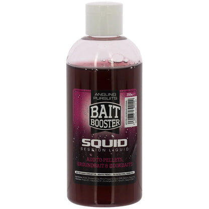 A 250ml bottle of Bait Booster Squid Session Liquid fishing additive, featuring a translucent dark red liquid and a white cap, on a plain white background.
