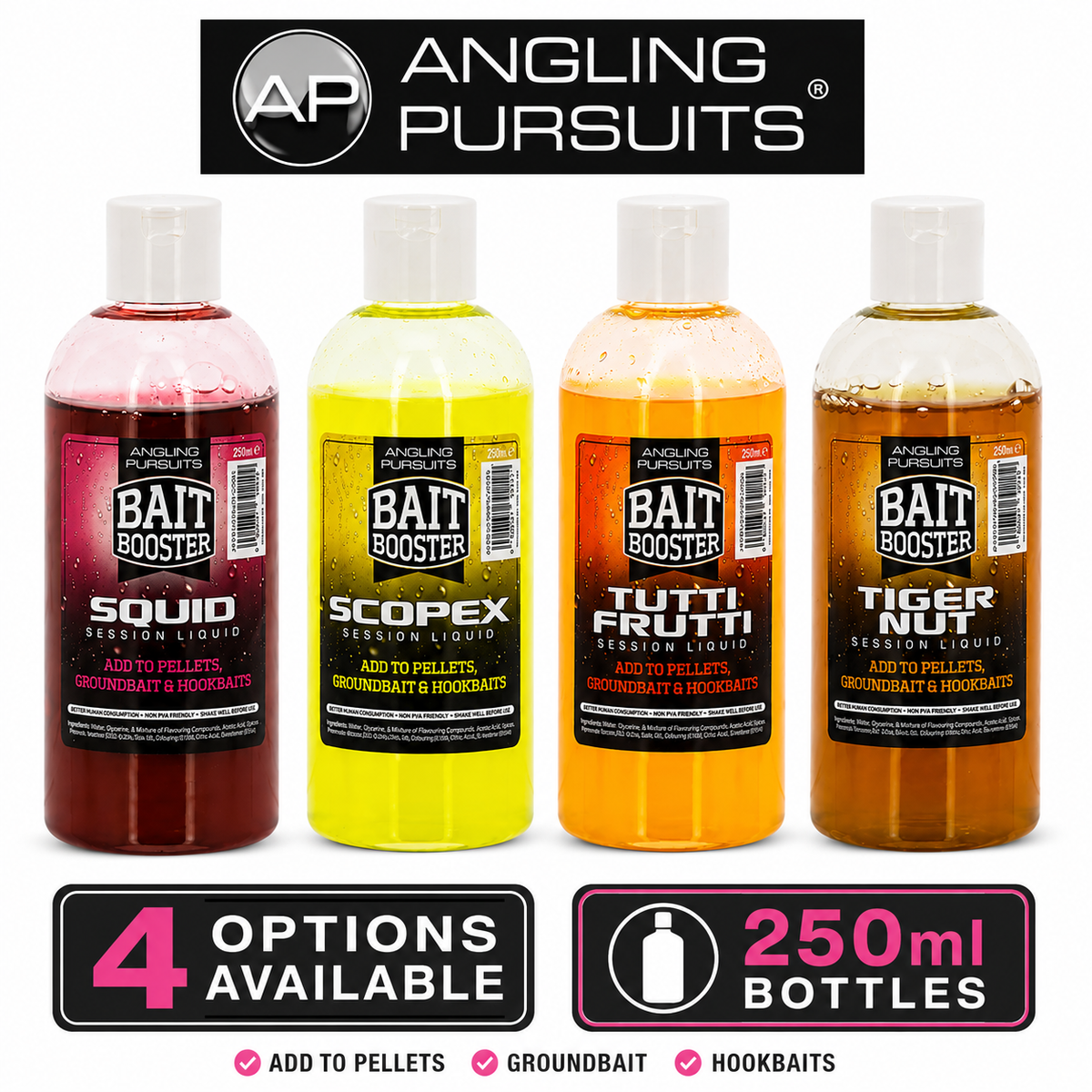 Four bottles of Angling Pursuits bait booster session liquid shown side by side in different colors: red, yellow, orange, and brown. The bottles are labeled Squid, Scopex, Tutti Frutti, and Tiger Nut.