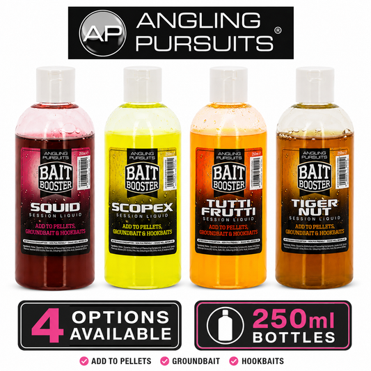 Four bottles of Angling Pursuits bait booster session liquid shown side by side in different colors: red, yellow, orange, and brown. The bottles are labeled Squid, Scopex, Tutti Frutti, and Tiger Nut.