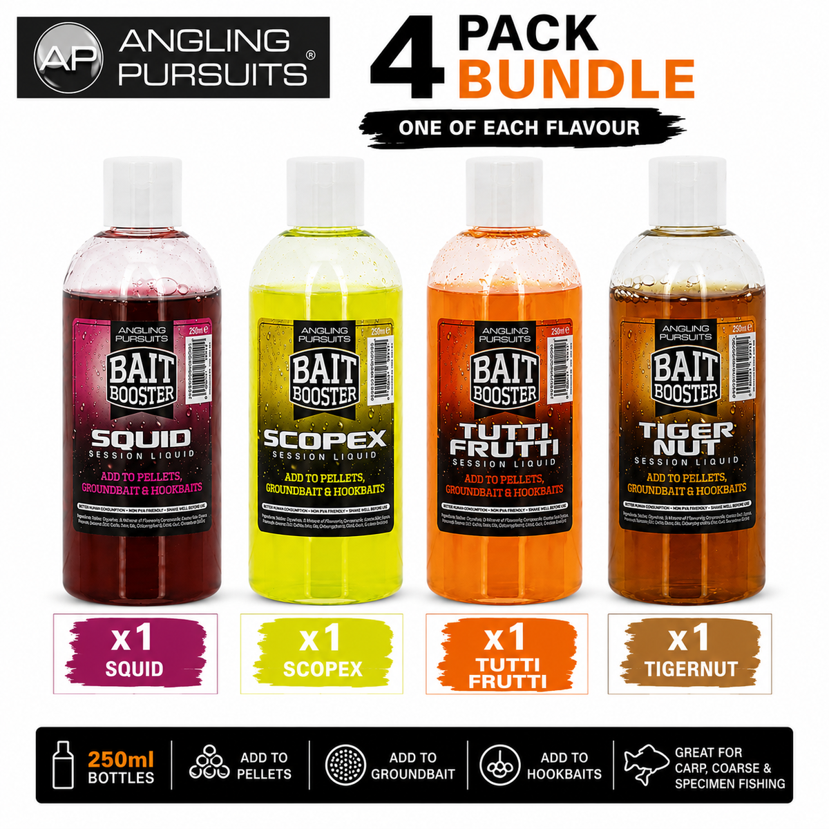 Angling Pursuits 4-pack bait bundle featuring four 250ml bottles of fishing bait solution liquid: Squid, Scopex, Tutti Frutti, and Tiger Nut. The bottles are shown in different colors (dark red, bright yellow, orange, and brown) against a white background with product details and flavor indicators below.