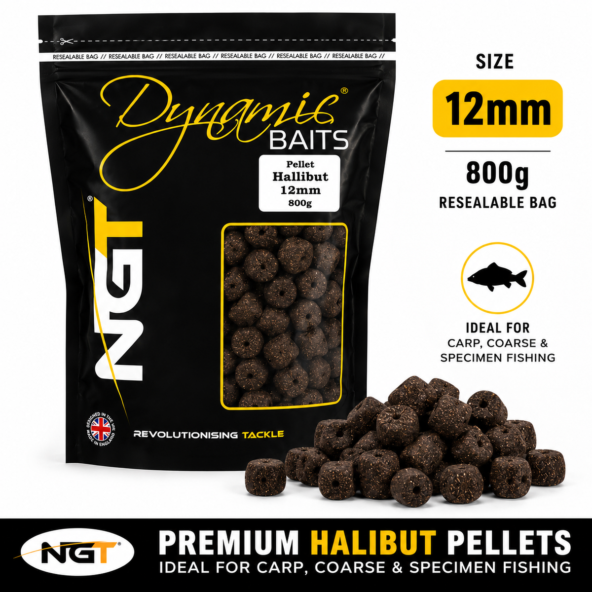 NGT Dynamic Baits 12mm Halibut Pellet in a 800g resealable black bag, shown next to a pile of dark brown halibut pellets on a white background with product information text overlays.