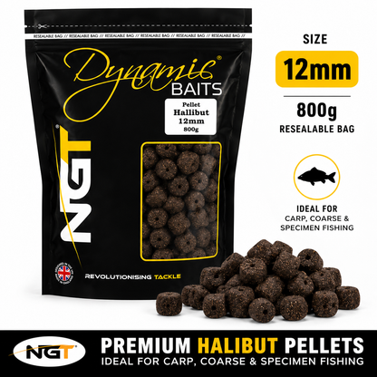 NGT Dynamic Baits 12mm Halibut Pellet in a 800g resealable black bag, shown next to a pile of dark brown halibut pellets on a white background with product information text overlays.