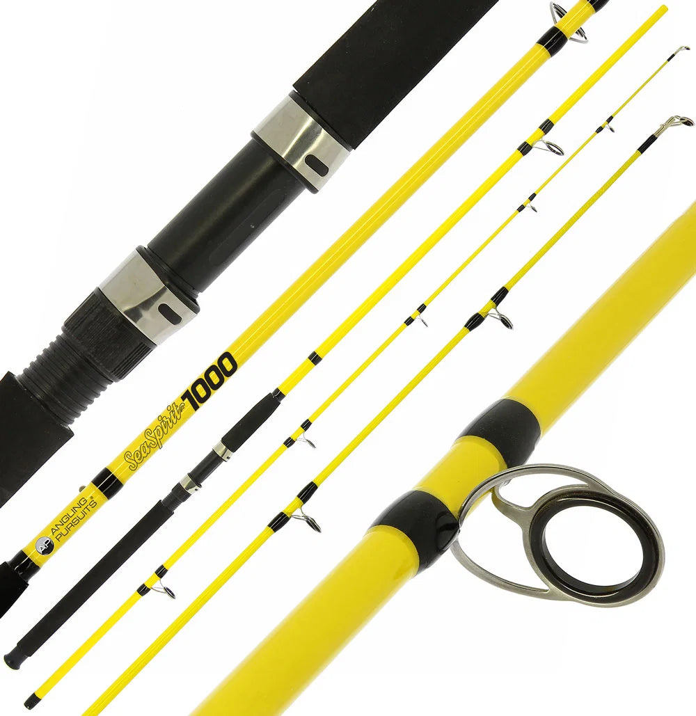 Yellow and black fishing rod shown in multiple close-up and full-length views on a white background, with visible text reading 'Bassmaster 1000' and a silver reel seat.