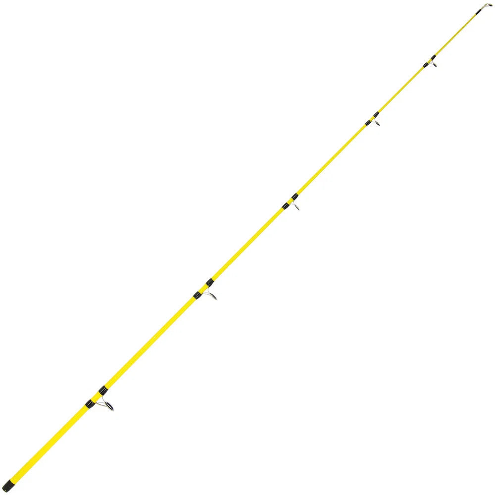 A bright yellow fishing rod with black accents and line guides, shown diagonally on a plain white background.