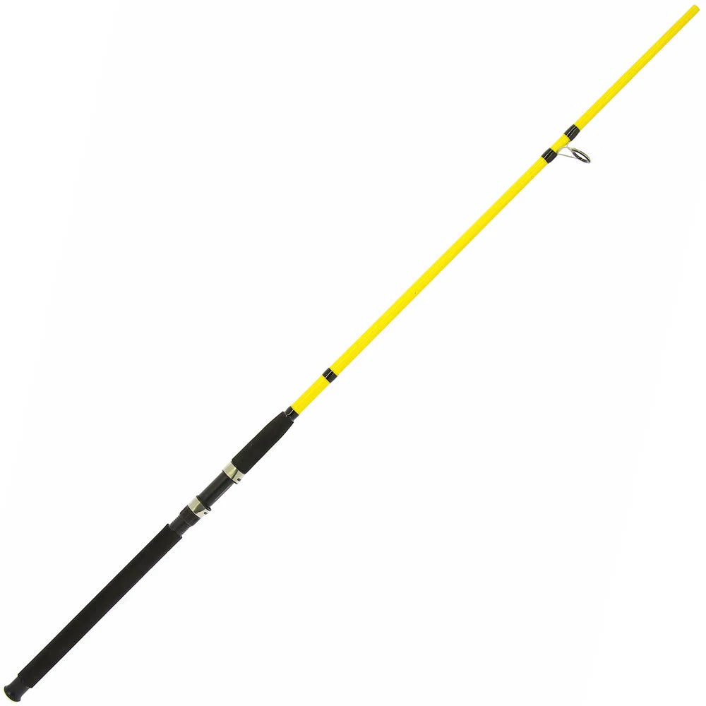 A fishing rod with a bright yellow shaft and a black handle, shown diagonally on a plain white background.