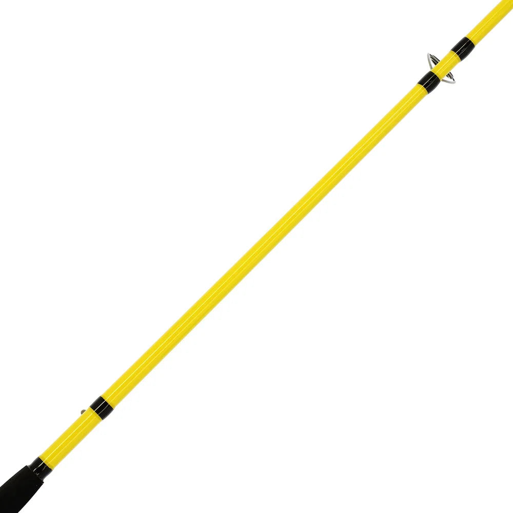 A bright yellow telescopic pole or rod section shown diagonally on a plain white background, with small black and silver details near the top and a black handle-like end at the bottom left.