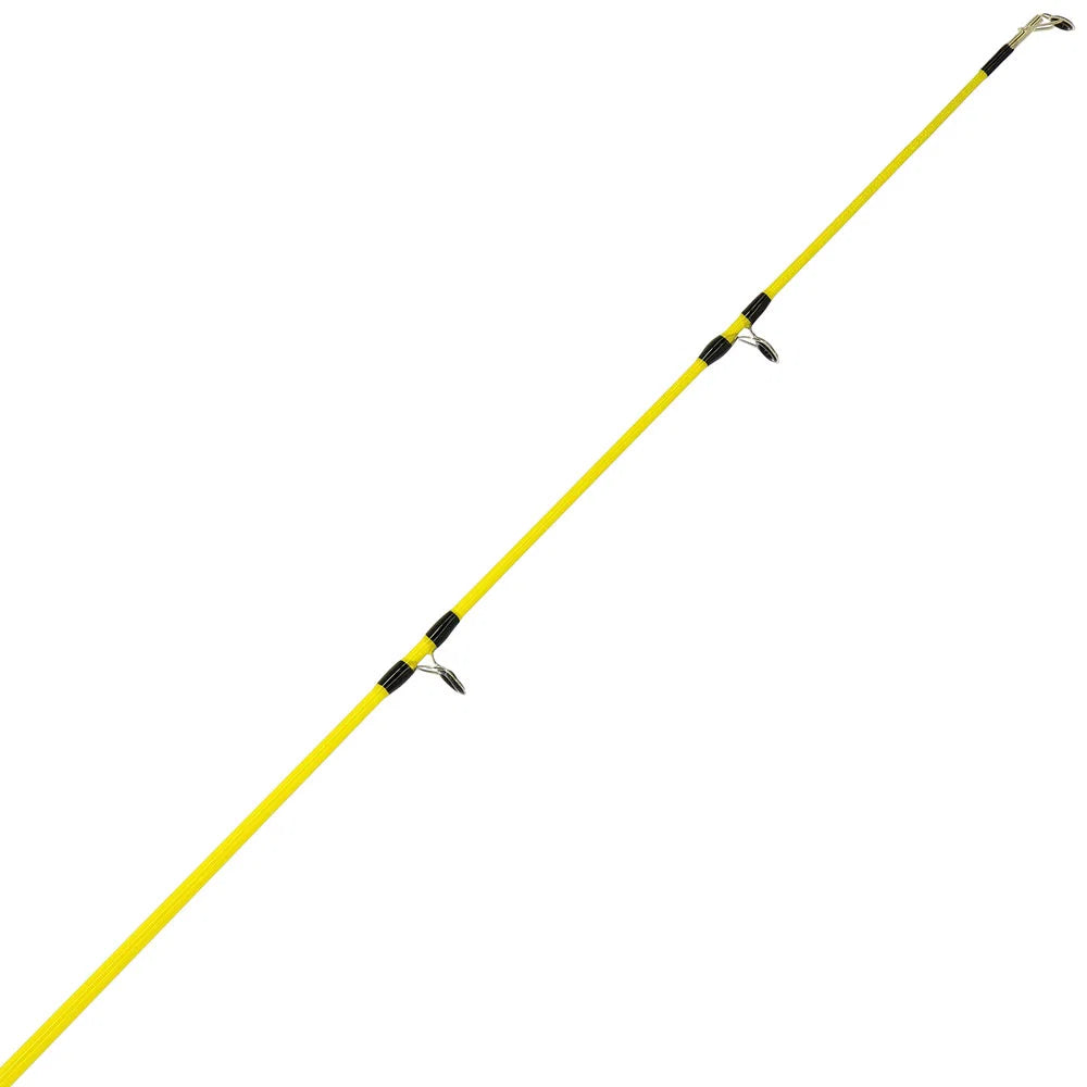 A bright yellow fishing rod shown diagonally against a plain white background, featuring black guides and silver metal tips.