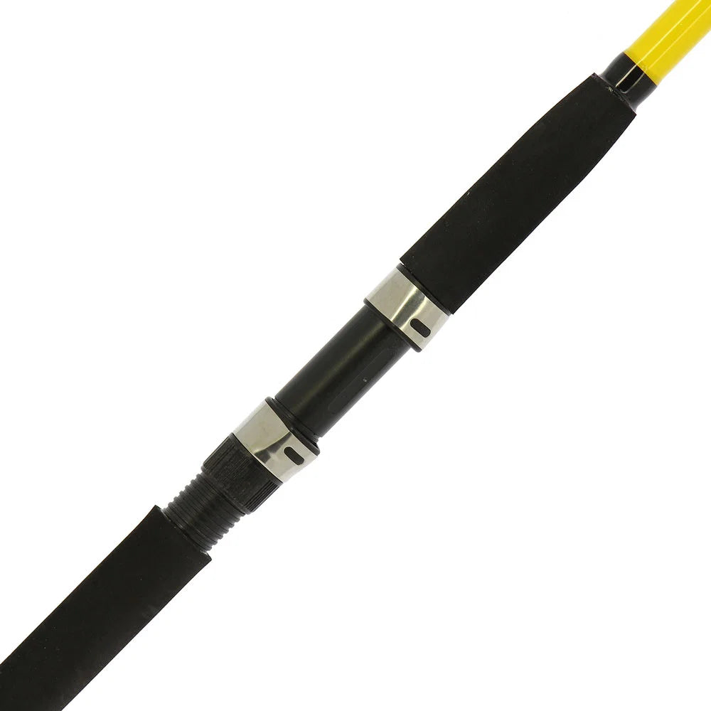 Close-up of a black rod or handle with silver metal connectors and a bright yellow tip on a plain white background.