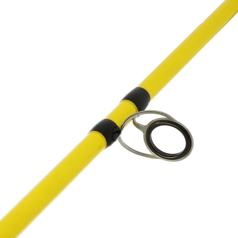 Close-up of a bright yellow fishing rod section with a black ring band and a silver metal line guide on a white background.