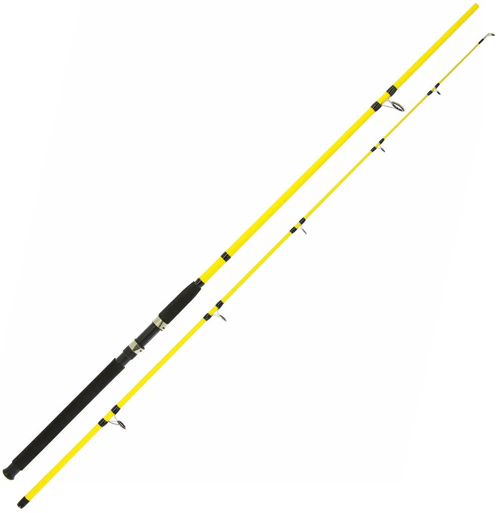 A yellow and black fishing rod shown diagonally against a plain white background.