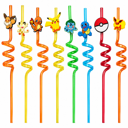 Pokémon Reusable Spiral Drinking Straws 8 Pack Kids Party Birthday Plastic Straws