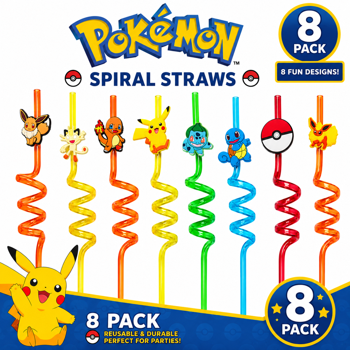 Pokémon Reusable Spiral Drinking Straws 8 Pack Kids Party Birthday Plastic Straws