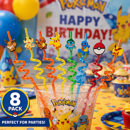 Pokémon Reusable Spiral Drinking Straws 8 Pack Kids Party Birthday Plastic Straws