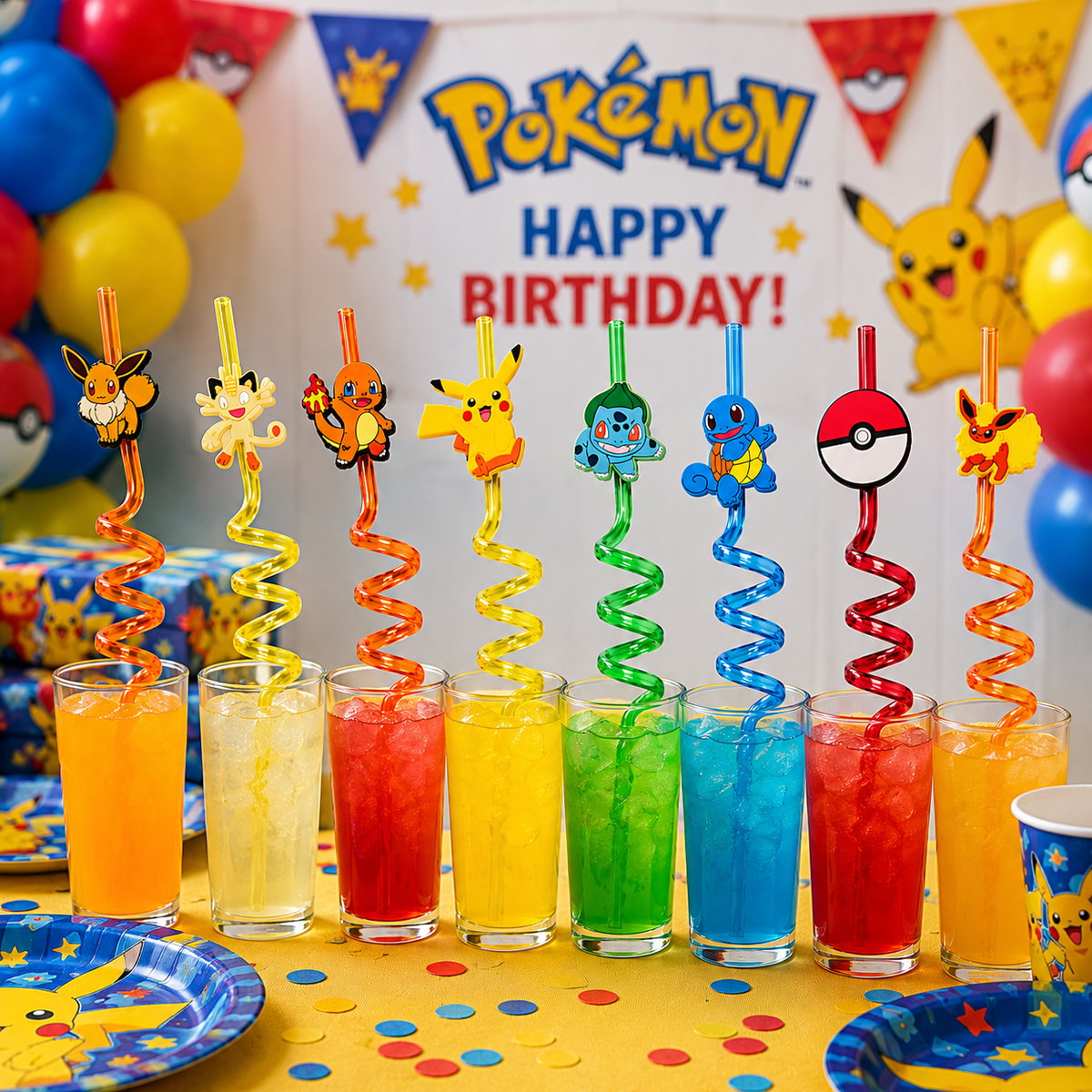 Pokémon Reusable Spiral Drinking Straws 8 Pack Kids Party Birthday Plastic Straws