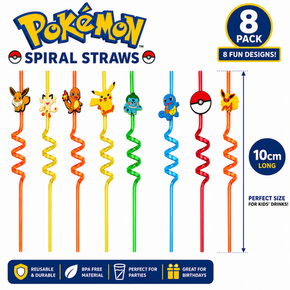 Pokémon Reusable Spiral Drinking Straws 8 Pack Kids Party Birthday Plastic Straws