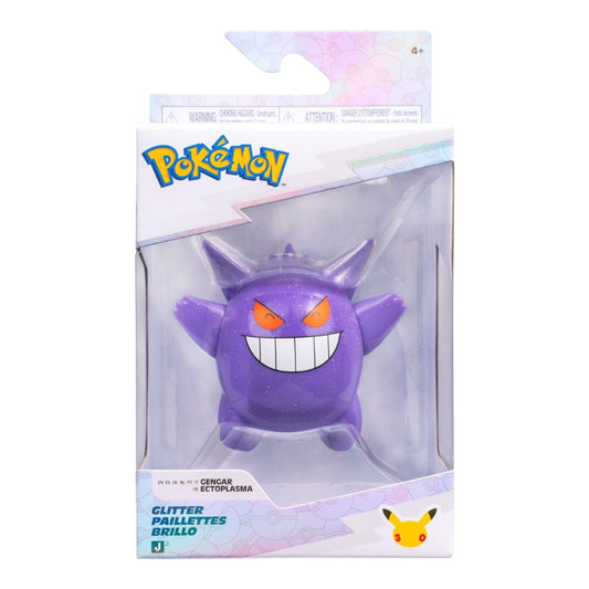 Pokémon Glitter Paillettes Brillo Gengar toy in its original retail packaging, featuring a purple glitter figure with orange eyes and a wide grin inside a clear blister pack.